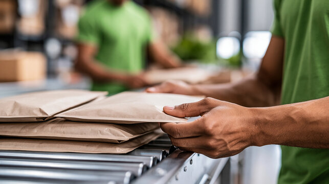 Close-up of hands packing sustainable eco-friendly compostable mailer bags in a busy warehouse shipping area, eco-friendly logistics concept, sustainable packaging photography,