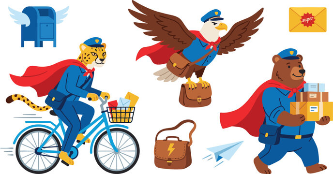 Superhero Animal Postman Illustration Set with Bike, Mailbags, and Letters for Delivery, Animals, and Superhero Themes