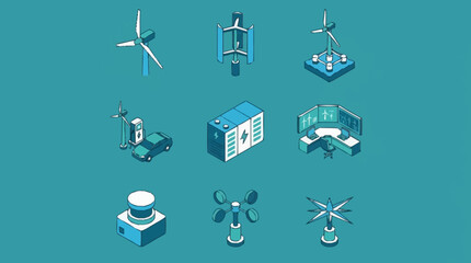 Collection of isometric icons representing renewable energy sources and technology, including wind turbines, electric vehicles, and control centers. © Temenan