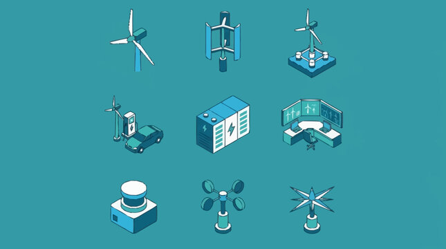 Collection of isometric icons representing renewable energy sources and technology, including wind turbines, electric vehicles, and control centers.