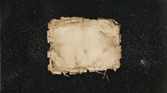 Ancient blank parchment scroll, textured and aged, floating mysteriously against a vast, dark, starry cosmic background, ready for an untold story