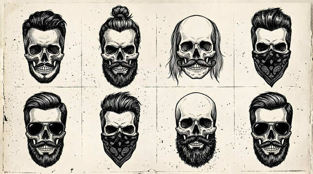 Skull's Hipster Styles: An artistic display showcasing diverse skull illustrations, each embodying unique hipster hairstyles and accessories.