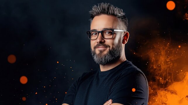 Man with Beard and Glasses in Front of Fiery Background.