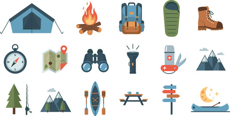 Camping and outdoor adventure icon set with tent campfire backpack compass mountains and hiking equipment © AFSANA