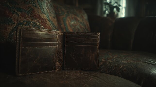 Cracked dark brown leather wallet with empty card compartments on textured surface