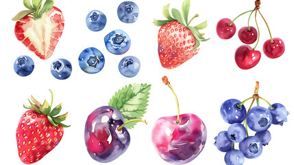 Fototapeta premium Watercolor clipart set, sweet berries, cute and whimsical style, berries include strawberries, blueberries, raspberries, blackberries, red currants and cherries with small green leaves.