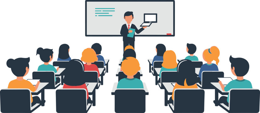Classroom Training Presentation Vector Illustration With Teacher And Students For Education Seminar Learning Design