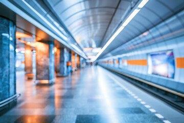 Fototapeta premium A modern, empty subway station with bright lights, reflective floors, and sleek architectural design in cool and warm tones.