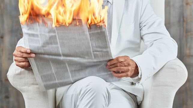 Person in white suit reading burning newspaper in armchair indoors with wooden backdrop