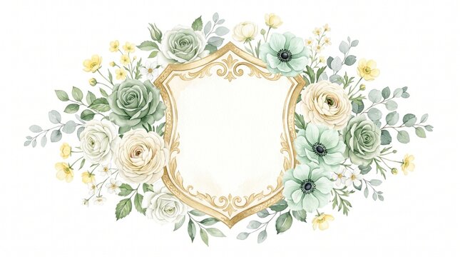 An ornate gold shield frame is adorned with watercolor muted green roses, cream roses, and delicate yellow wildflowers.