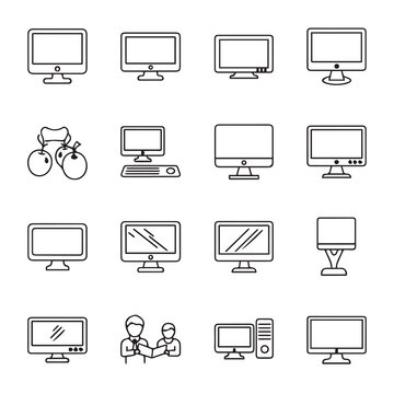 Modern computer monitors and peripherals in a clean line art style on white background