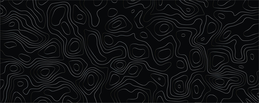 Topographic map pattern with thin grey contour lines on a solid black background featuring organic flowing shapes and nested circular forms representing elevation data or geological terrain mapping