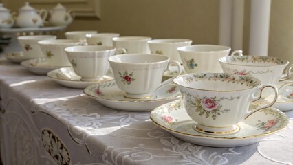 Fototapeta premium Delicate Porcelain Teacups with Floral Designs Arranged