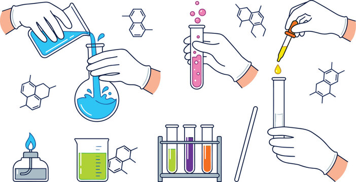 Laboratory Science Illustration Set with Test Tubes, Beakers, Droppers, and Chemical Reactions for Research, Chemistry, and Experiment Themes