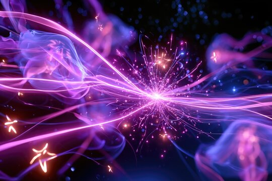 A vibrant purple and pink light burst with dynamic energy trails and sparkling particles against a dark background.
