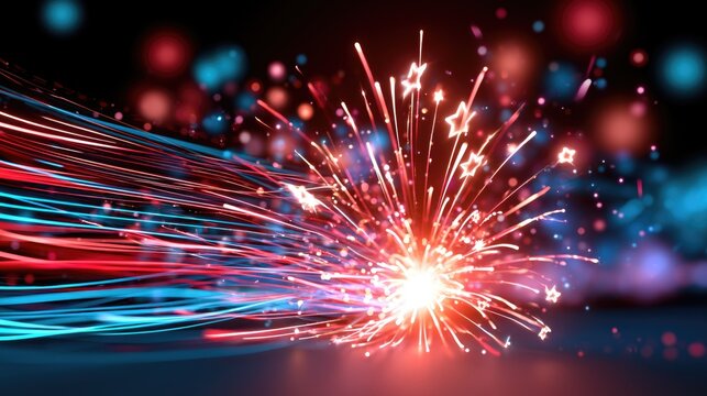 A vibrant burst of red, blue, and white light streams outward in dynamic, explosive patterns against a dark background.