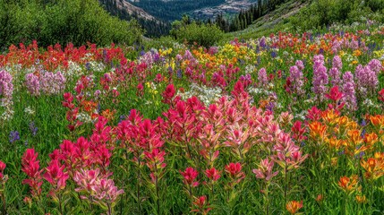 Obraz premium A Vibrant Wildflower Meadow Blooming Profusely on a Lush Green Hillside