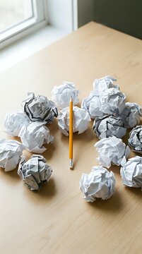 Crumpled paper balls scattered around yellow pencil on wooden desk surface near window representing creative writing process and brainstorming challenges.