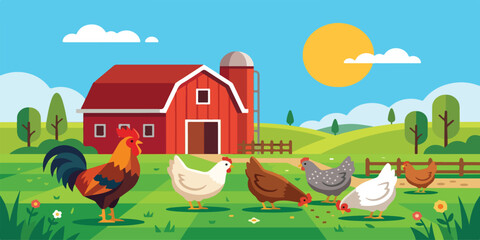 Farm Yard with Red Barn and Poultry Illustration © Halima