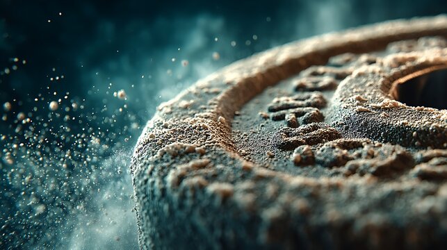 Heavy barbell drops on gym floor creating chalk dust explosion images