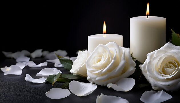 white candles with roses and flowers petals funeral memorial sympathy and condolences card death notice white roses funeral flower