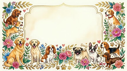 Fototapeta premium Decorative floral frame with cute cartoon dogs and puppies border design for pet lovers, greeting cards, invitations and scrapbooking projects.