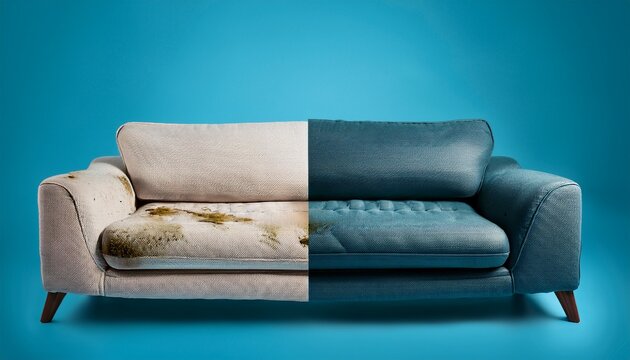 split sofa showing dirty and clean upholstery comparison on blue background