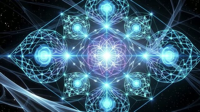 Abstract Geometric Blue and Purple Fractal Mandala in Starry Space