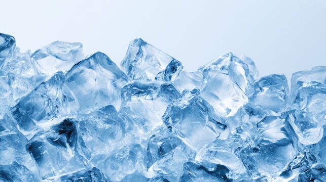 Clear, irregular ice cubes stacked together with a cool blue hue on a light background.
