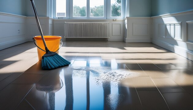 sparkling clean floor with a few remaining streaks and a bucket of soapy water alongside a mop and a dustpan in a newly sanitized room