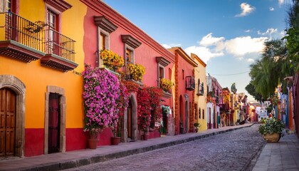 Obraz premium vibrant colonial architecture lines cobblestone streets adorned with blooming flowers ornate balconies and brightly colored facades showcasing san miguel de allende s charming mexican heritage