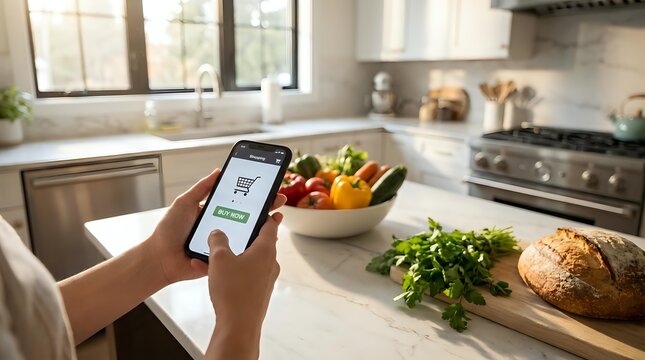 Hands holding smartphone with grocery shopping app in modern kitchen with fresh vegetables and bread on counter, online food ordering concept.