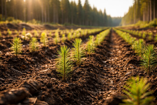 Young pine saplings growing in a sunlit forest field