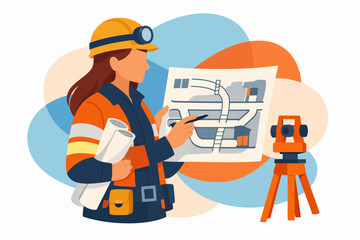 Fototapeta premium Female Engineer Reviewing Technical Blueprints with Surveying Tool