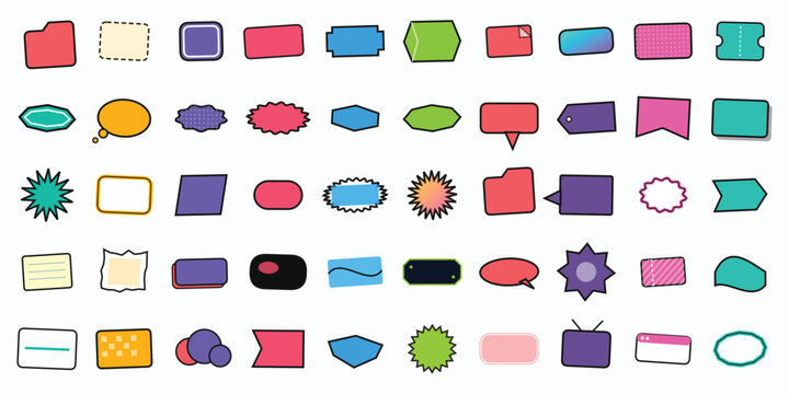 Colorful Funky Speech Bubbles and Graphic Shapes Set: Trendy Y2K Geometric Frames, Comic Labels, and Retro Abstract Design Elements