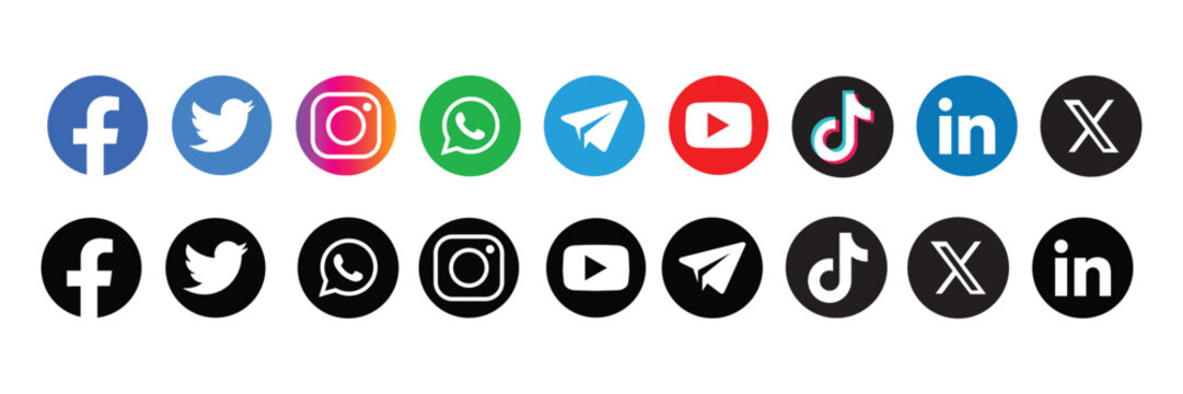 Social media icons set vector. Facebook, Twitter, Instagram, WhatsApp, Telegram, YouTube, TikTok, LinkedIn and X logo collection in color and black style for web and mobile UI design illustration