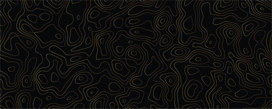 Gold topographic contour lines forming a seamless abstract pattern on a solid black background representing geographical elevation maps or fluid organic shapes in a minimalist style
