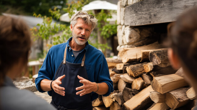 Traditional smokehouse pit master explaining wood selection and curing techniques to culinary school students at a regional heritage food festival, split logs stacked beside a ston