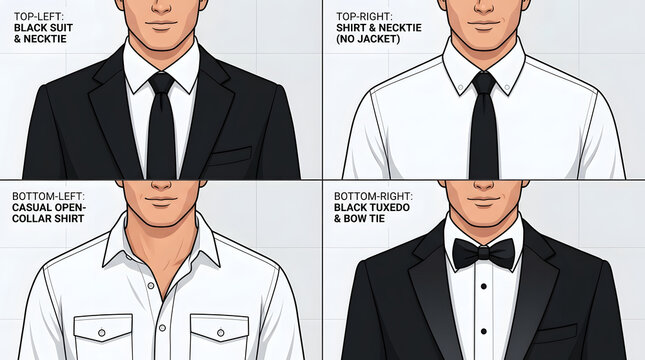 Business Attire Variations: A visual guide showcases diverse dress codes for business settings, presenting a spectrum of attire options to accommodate various professional environments.