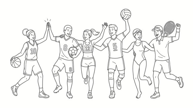 Diverse Athletes Celebrating Victory Together: Basketball, Soccer, Volleyball, Tennis, Swimming