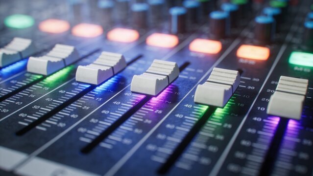 Professional audio mixing console closeup illuminated faders neon led lights music production equipment sound engineering studio technology broadcast control panel dj mixer electronic interface record