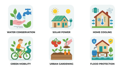 Naklejka premium Climate Adaptation and Sustainable Lifestyle Flat Vector Icon Set