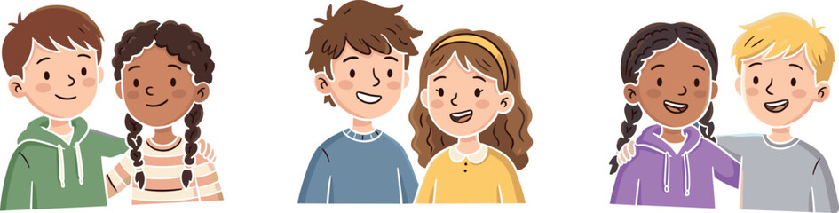 Fototapeta premium Illustration Set of Four Pairs of Diverse Children with Different Hairstyles and Clothing for Family, Friendship, and Social Themes