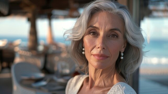 Graceful woman with silver hair smiles softly. Her eyes hold warmth, exuding calm confidence. Background hints at coastal ambiance with blurred tables. Ideal for themes of maturity, tranquility