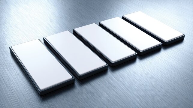 Neatly Lined Up Blank White Hard Drives on a Metallic Surface