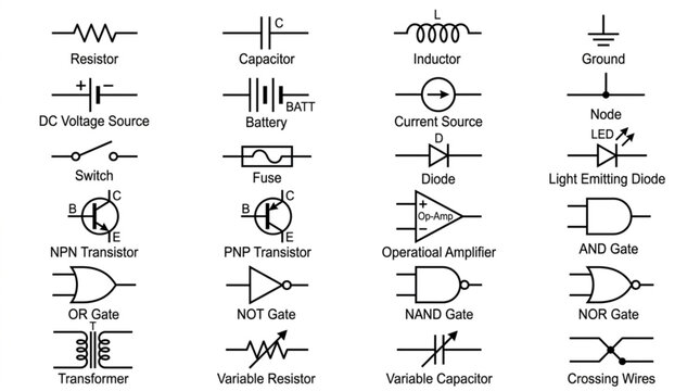 Collection of Electronic Circuit Symbols and Diagrams.