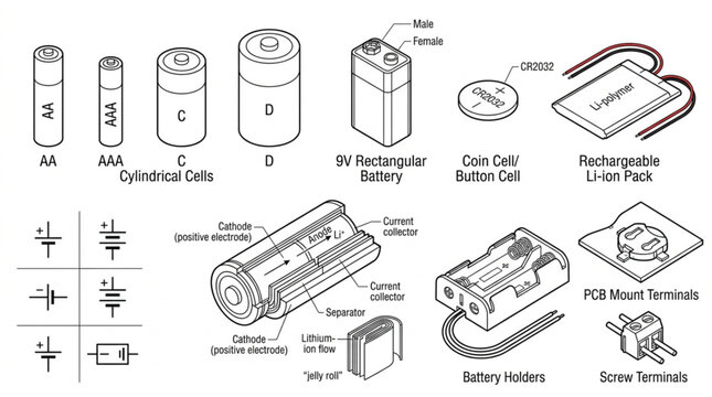 Collection of various battery types and electrical symbols.