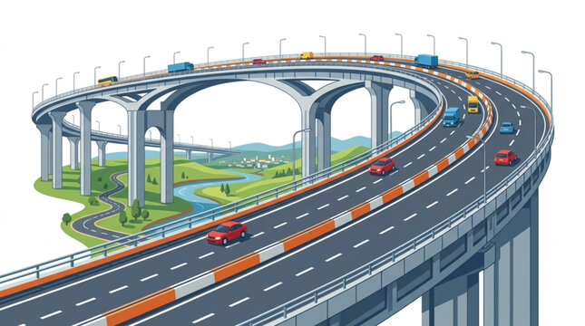 Complex highway interchange with multiple levels and traffic flow.