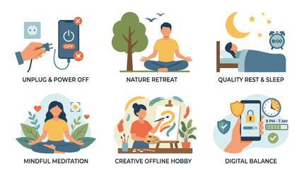 Fototapeta premium Digital Burnout Recovery and Self-Care Flat Vector Icon Set