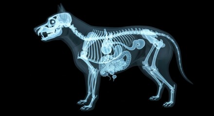 Fototapeta premium Blue Canine Xray Skeleton Standing in Side View on Black Background